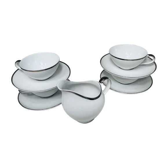 Harmony House Moderne Platinum Trim 4 Cups and Saucers & Creamer Japan No. 3545 - Picture 14 of 16